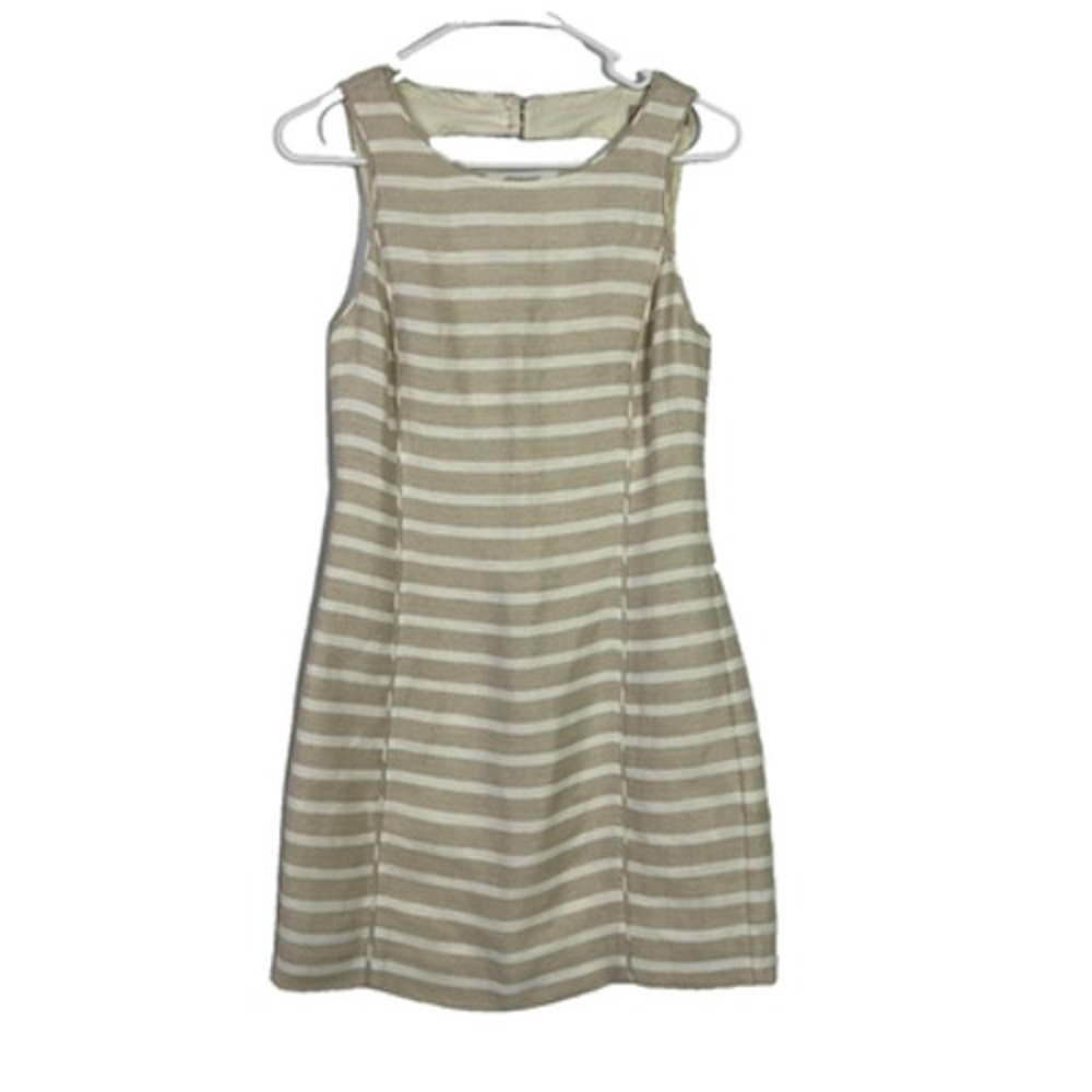 Linen blend Banana Republic Dress‎ Size 0 Resortwear Tan White Stripe Sleeveless